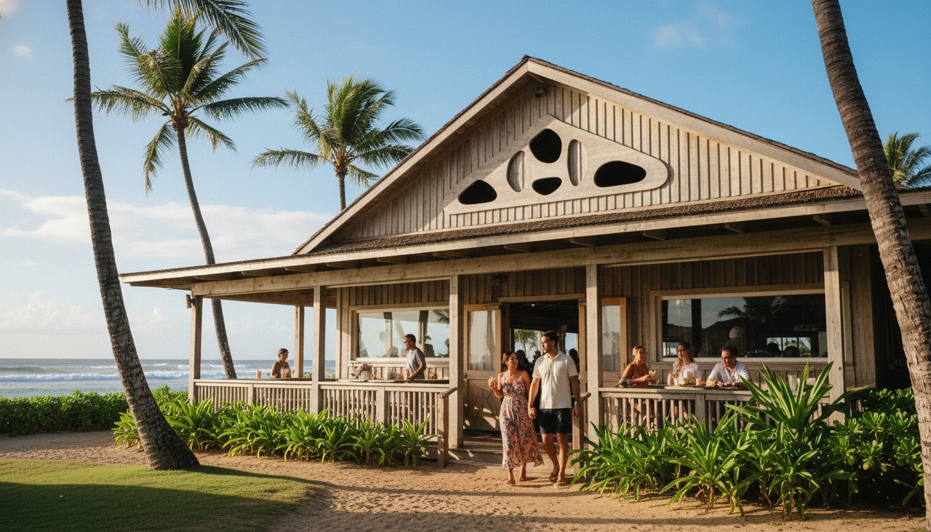 Exterior of a beachside restaurant in Haleiwa with palm trees, blue sky, and welcoming local atmosphere