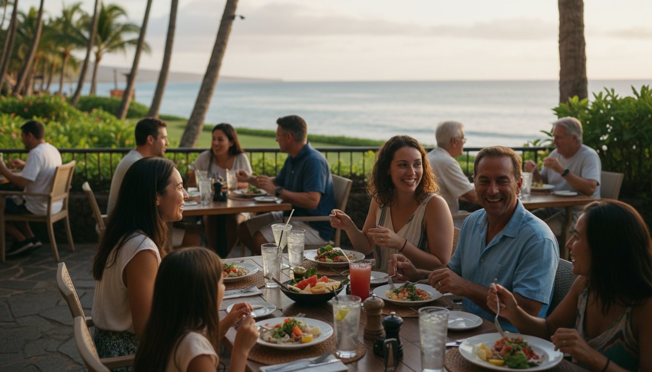 Families and friends dining together at a casual Hawaii restaurant with open-air seating and relaxed smiles