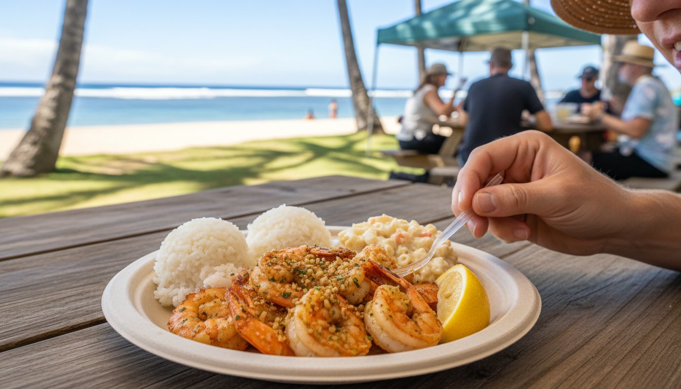 Garlic shrimp Hawaiian plate lunch served outdoors near the beach, ocean blue tones in the background