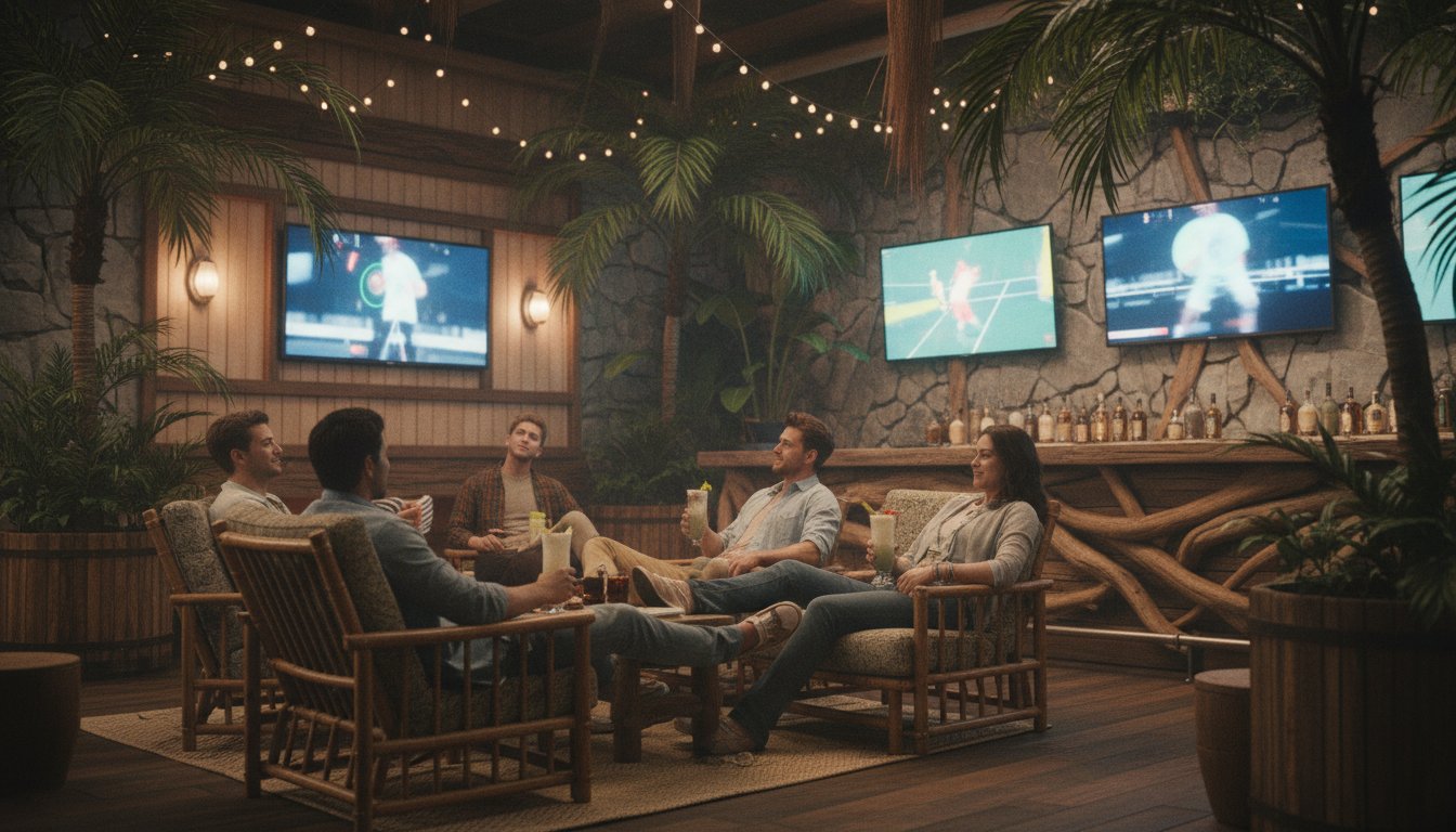 Casual Hawaii sports bar interior with friends watching live sports on multiple screens, relaxed island vibe