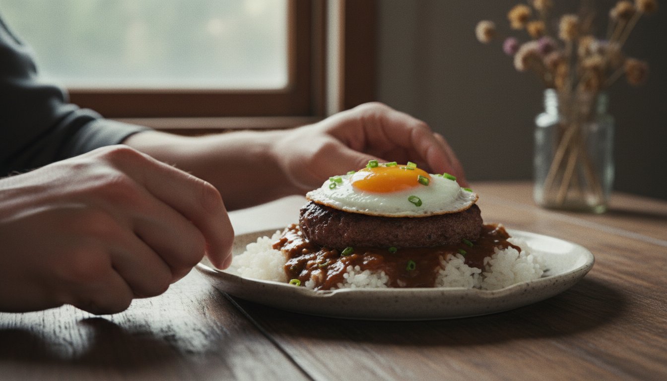 Traditional Hawaiian loco moco plate with rice, burger patty, egg, and gravy on a rustic table, natural daylight