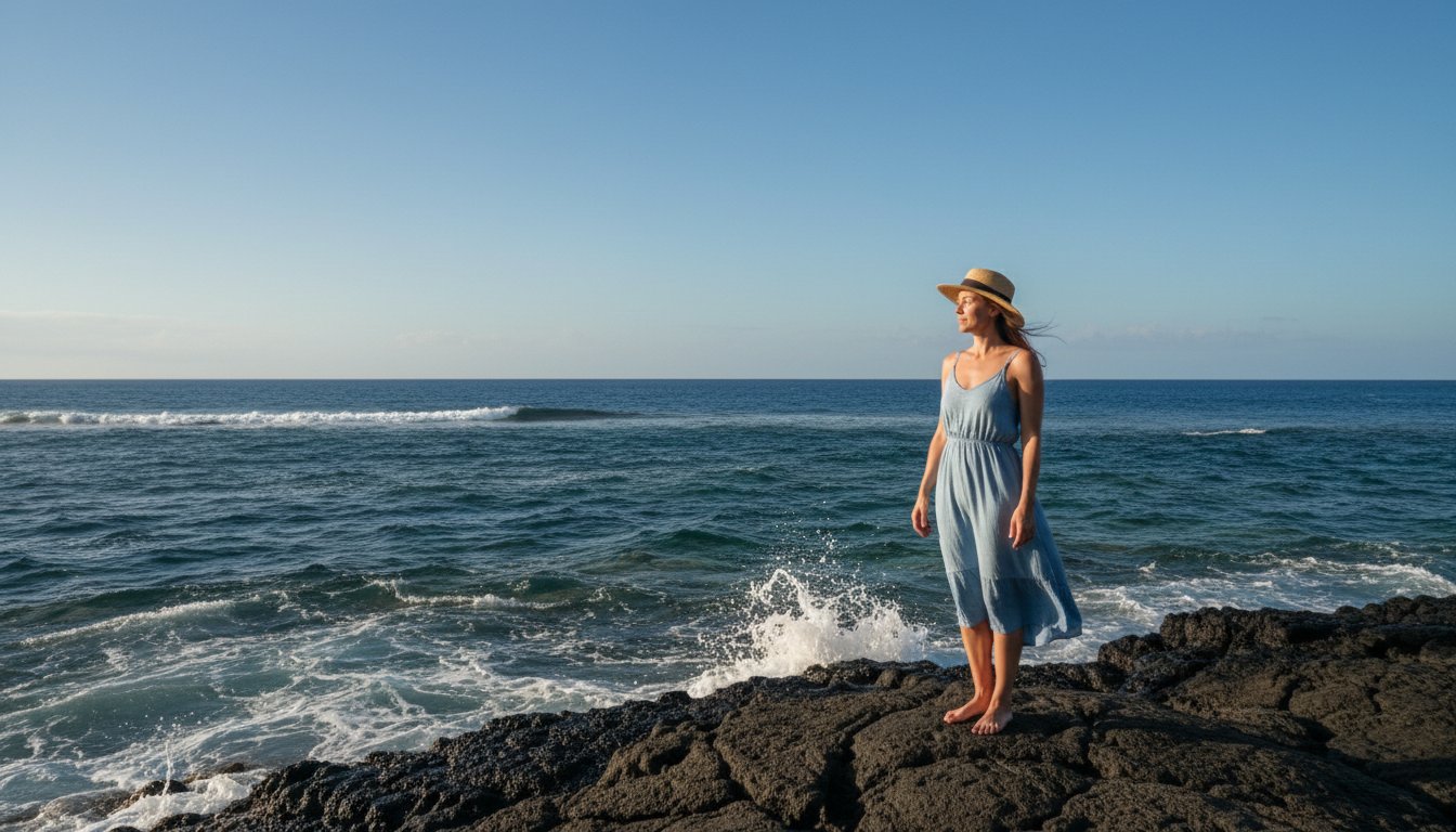 Wide ocean view on the North Shore of Oahu with deep blue water, gentle waves, and a clear tropical sky, calm and inviting mood