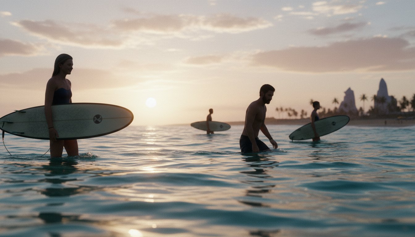 Early morning North Shore surf scene with surfers entering turquoise water under soft sunrise light
