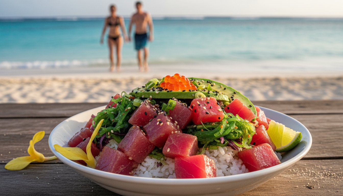 Fresh poke bowl with ahi tuna, seaweed, and rice, styled with tropical colors and a beachside feel