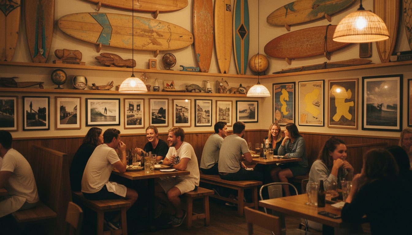 Interior of a surf-inspired restaurant with vintage surfboards and memorabilia on the walls, warm lighting and casual dining atmosphere